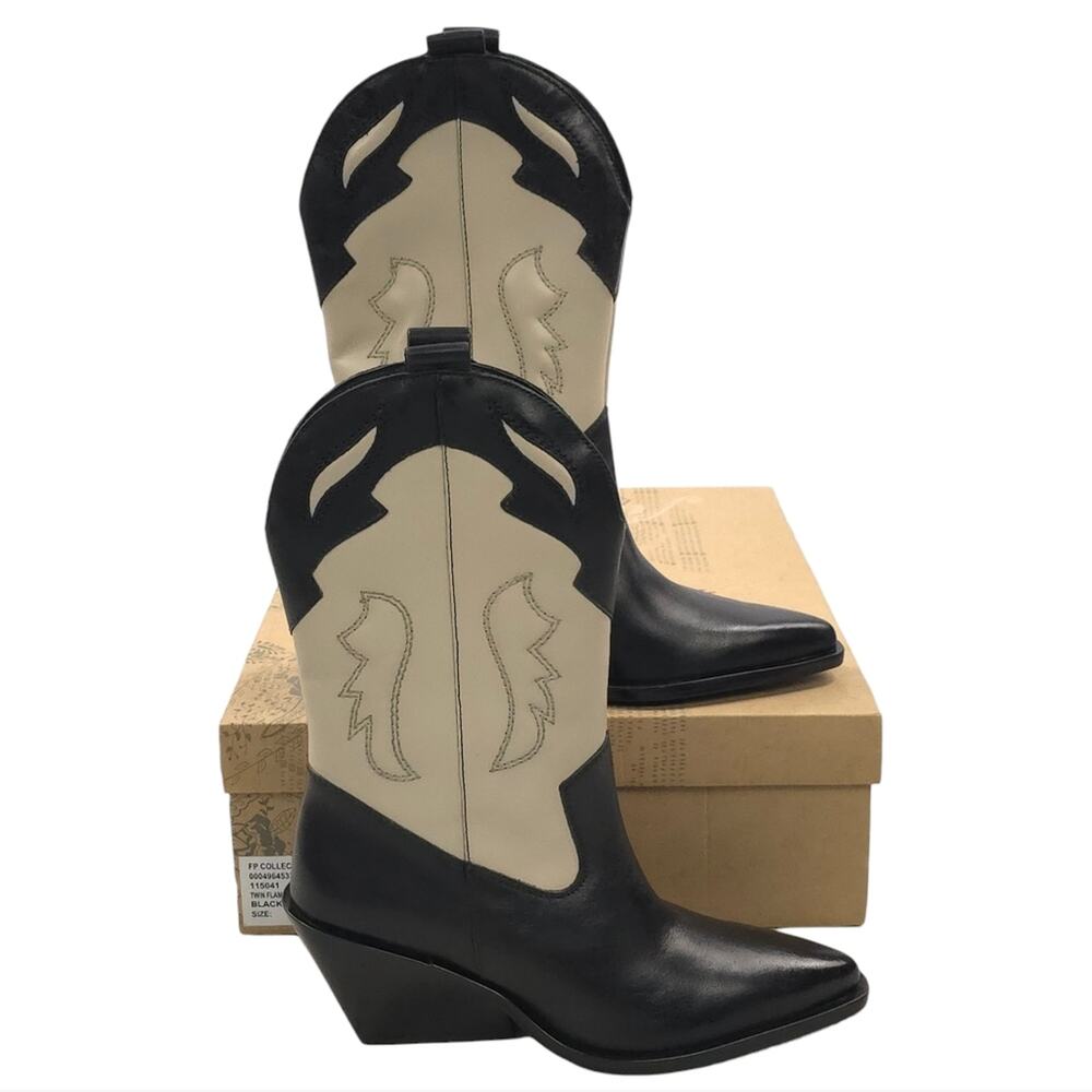 Free People Black and Cream Heeled Cowboy Boots - Picture 1 of 13
